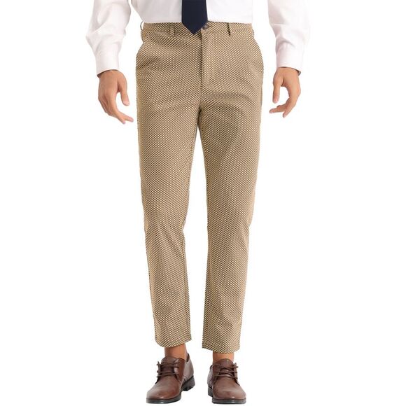 Dots Pattern Printed Dress Pants Slim Fit Flat Front Trouser Khaki - Picture 1 of 6